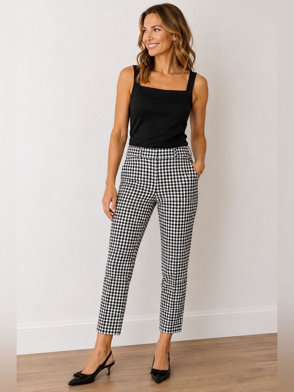 Talbots Black White Gingham Ankle Pants Size 4 Petite Cropped Career Stretch